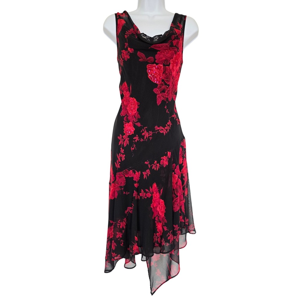 Black Red Floral Asymmetrical Beaded Midi Dress M Lace Cowl Neck Y2K Romantic